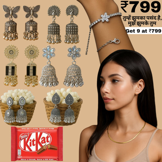 Premium Women’s Jhumka Gift Set (9 Items) | Designer Earrings, Bracelet & 18K Gold Plated Chain